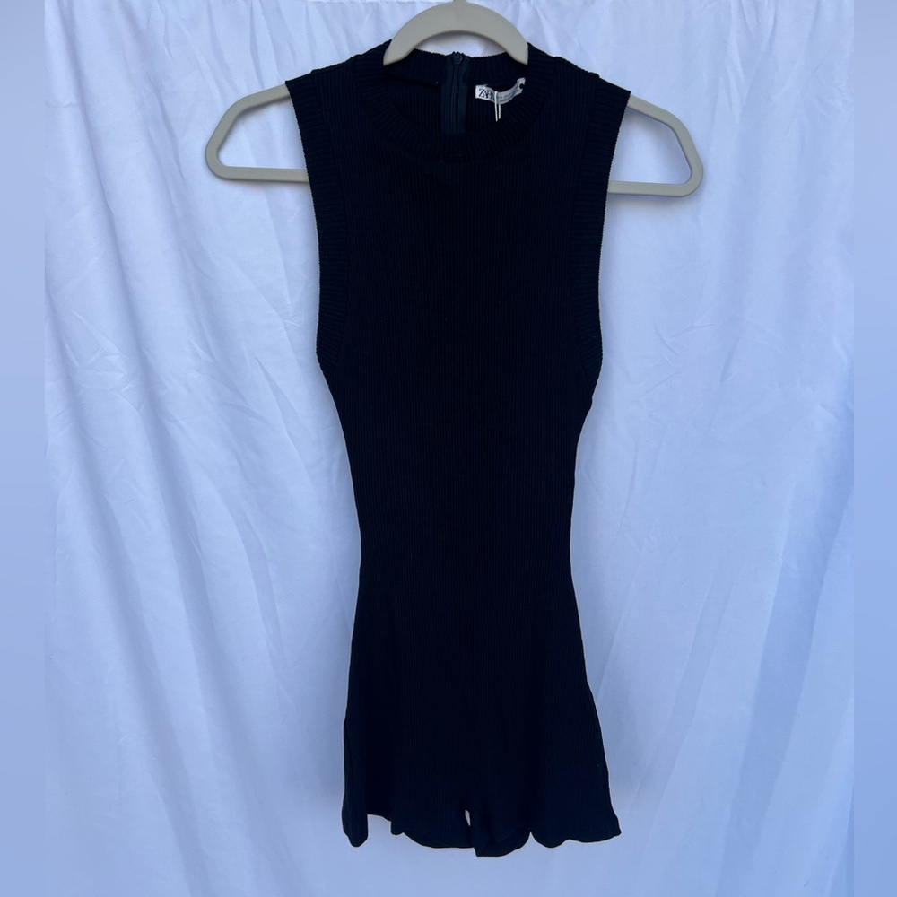 Zara Romper Ribbed Sleeveless Open Back Solid Black One Piece Size Small